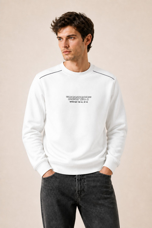 Respect Bisiklet Yaka Regular Fit Kışlık Sweatshirt Beyaz