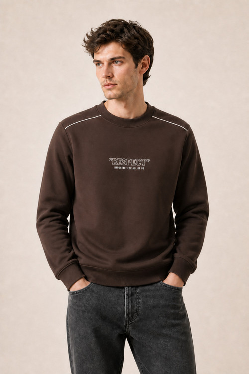 Respect Bisiklet Yaka Regular Fit Kışlık Sweatshirt Kahve