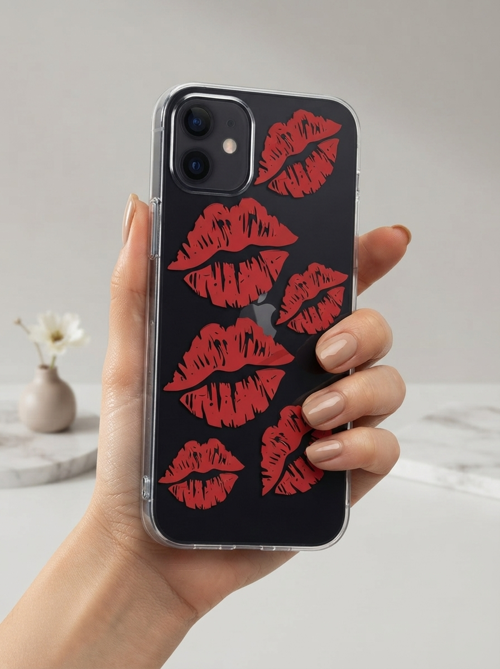 iPhone 12 Kırmızı Dudak / Öpücük Desenli Şeffaf Telefon Kılıfı - OVRLAU1088-4134