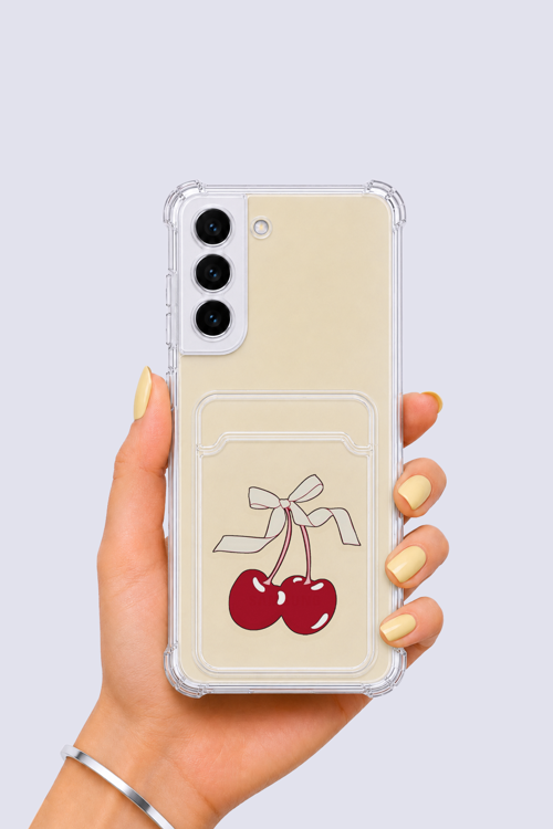 Samsung Galaxy S22 Kartlıklı Kiraz Desenli Kılıf - OVRLAU3863-8595