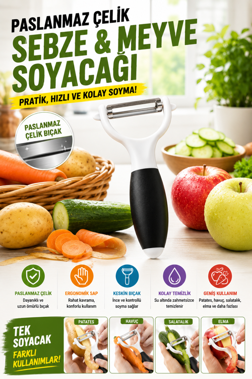 Siyah Saplı Sapan Soyacak Paslanmaz Çelik Sebze Meyve Soyucu Ergonomik Pratik Mutfak Aparatı