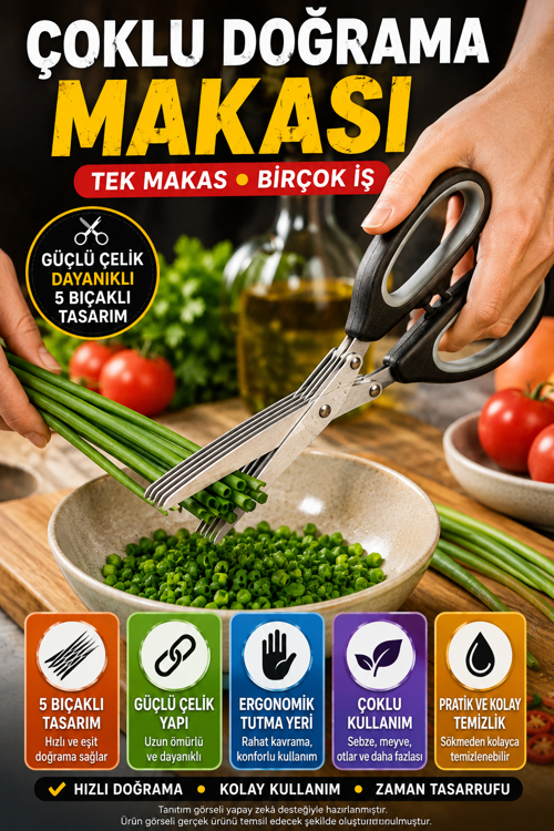 5 Bıçaklı Çoklu Doğrama Makası Sebze Yeşillik Maydanoz Taze Soğan Kesme Makası Temizleme Taraklı Set