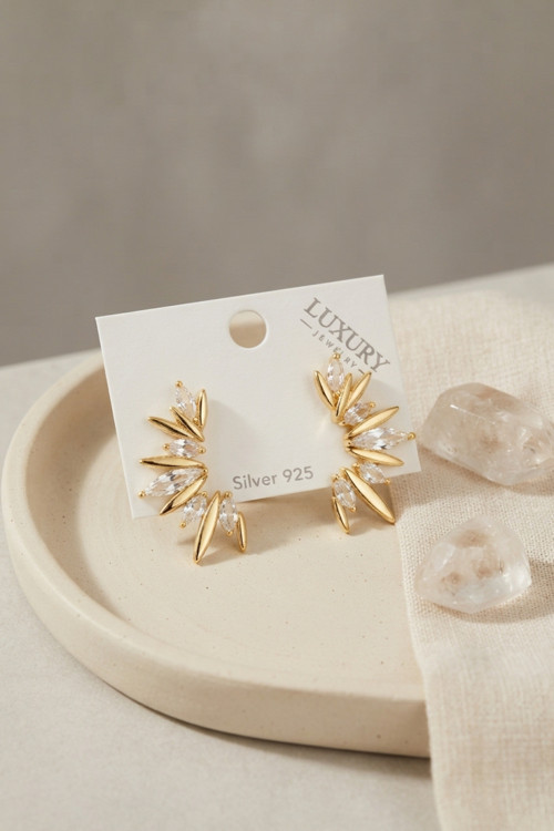 Gold Renk Zirkon Taşlı Saçak Model Kadın Küpe - Lisinya