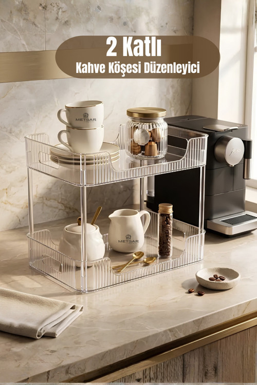2 Katlı Kahve Köşesi Düzenleyici Raf, Çok Amaçlı Organizer, Kahvelik,Fincanlık,Tezgah Üstü