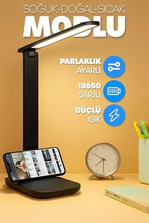Şarjlı Masa Lambası 3 Renk Dokunmatik Telefon Standlı Kademeli Çalışma Okuma Işığı Lambası 9W (Siyah)