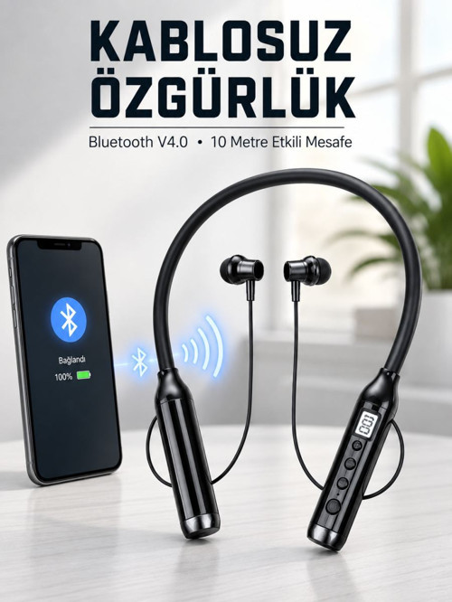 Kablosuz Bluetooth Boyun Kulaklığı 10 Metre Menzilli Mikrofonlu Ses Kontrollü Uzun Kullanım Süreli K