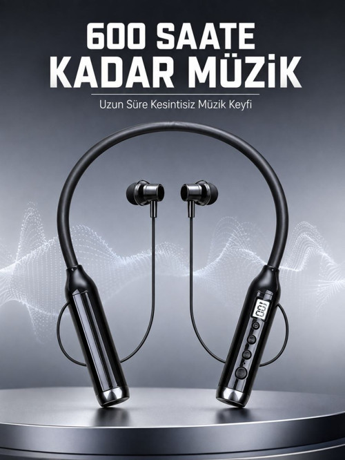 Dijital Göstergeli Boyun Tipi Bluetooth Kulaklık Mikrofonlu Çağrı ve Müzik Kontrollü Çift Cihaz Bağl