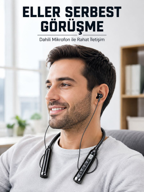600 Saat Kullanım Süreli Boyun Tipi Bluetooth Kulaklık Mikrofonlu Dijital Göstergeli Kablosuz Kulak