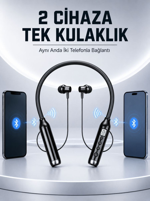 Boyun Bantlı Bluetooth Kulaklık Dijital Ekranlı Mikrofonlu Çift Telefon Bağlantılı Kablosuz Müzik ve