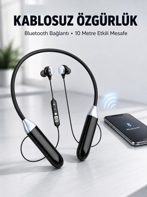 Mikrofonlu Boyun Bantlı Bluetooth Kulaklık Kablosuz Bağlantılı Ses ve Müzik Kontrollü Kulak İçi Kula