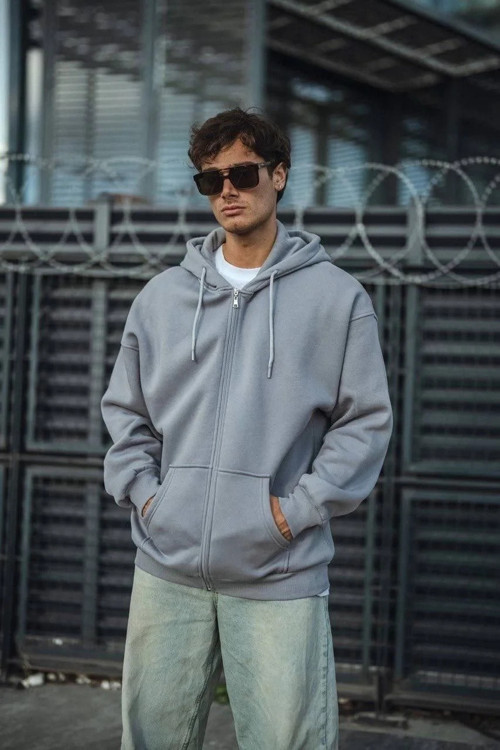 Erkek Tam Fermuarlı Cepli Kapüşonlu 3 iplik pamuklu hoodie Sweatshirt - Gri
