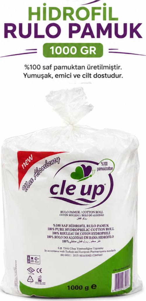 CleUp Büyük Boy %100 Hidrofil Rulo Pamuk 1000 Gr
