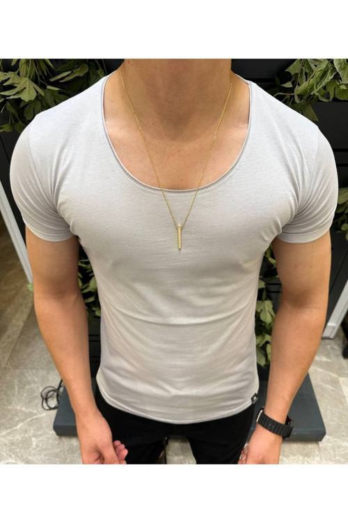 Açık Yaka Geniş Yaka Oval Beyzik T-Shirt Boyalı Gri