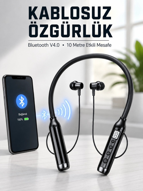 Kablosuz Bluetooth Boyun Kulaklığı 10 Metre Menzilli Mikrofonlu Ses Kontrollü Uzun Kullanım Süreli K