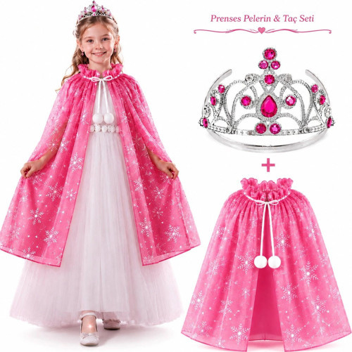 Masal Prensesi Pembe Pelerin ve Taç Seti (85 cm) (5047)
