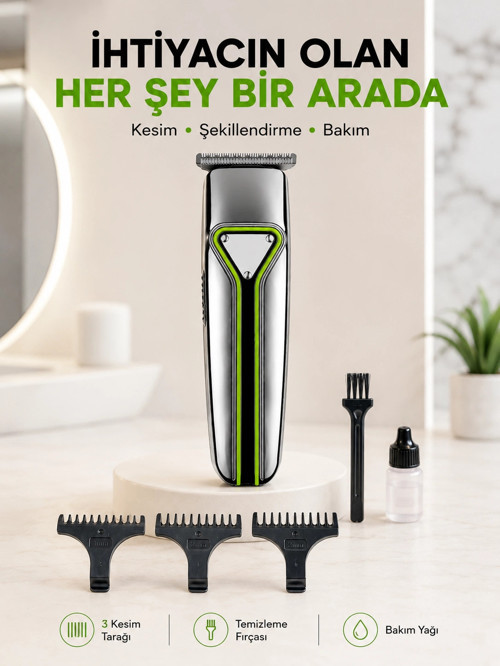 Profesyonel Saç Sakal Tıraş Makinesi T lı Şarjlı Kablosuz 3 Taraklı Erkek Bakım Seti