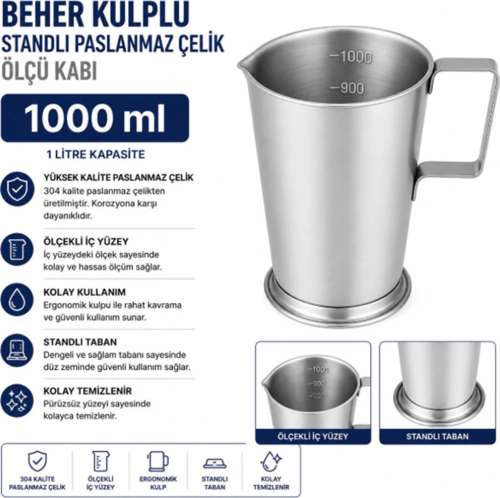 Beher Kulplu Standlı Paslanmaz Çelik 1 L - Ölçü Kabı 1000 ml