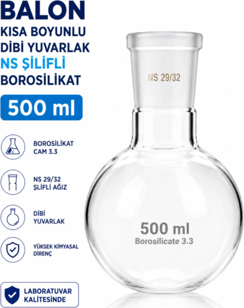 Balon Kısa Boyunlu Dibi Yuvarlak NS Şilifli Borosilikat 500 ml