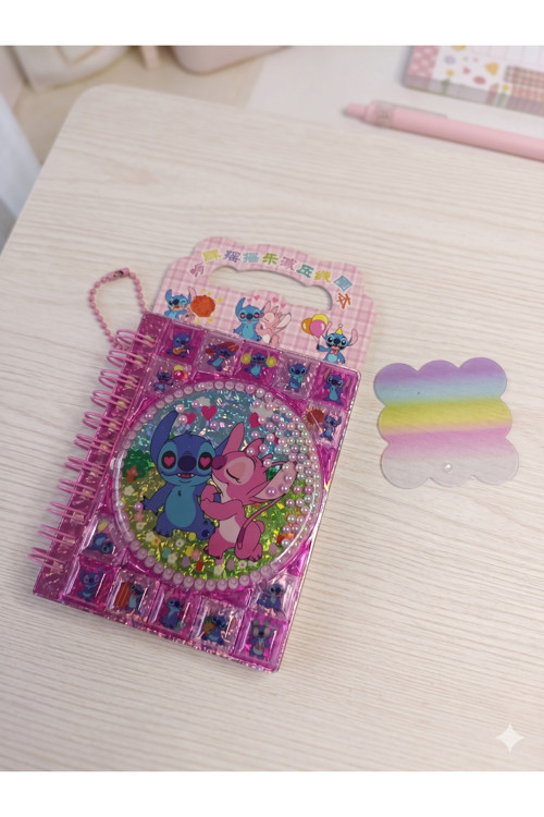 Lilo & Stitch Figürlü Hareketli Boncuklu Kapak Sticker ve Not Defteri - Göz Alıcı Degrade Detaylı