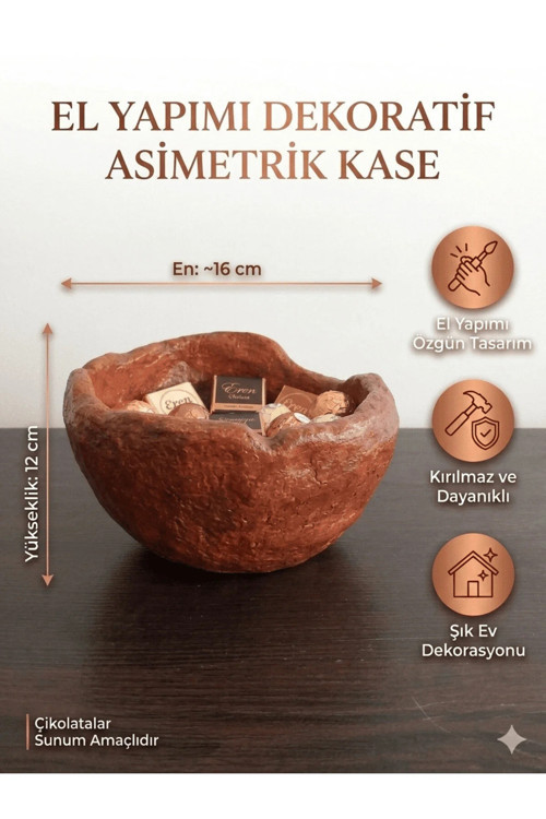 El Yapımı Dekoratif Kase - Asimetrik Tasarım Kırılmaz Rustik Gondol Kase - Hediyelik ve İkramlık Sunum Kabı (16x12 cm)
