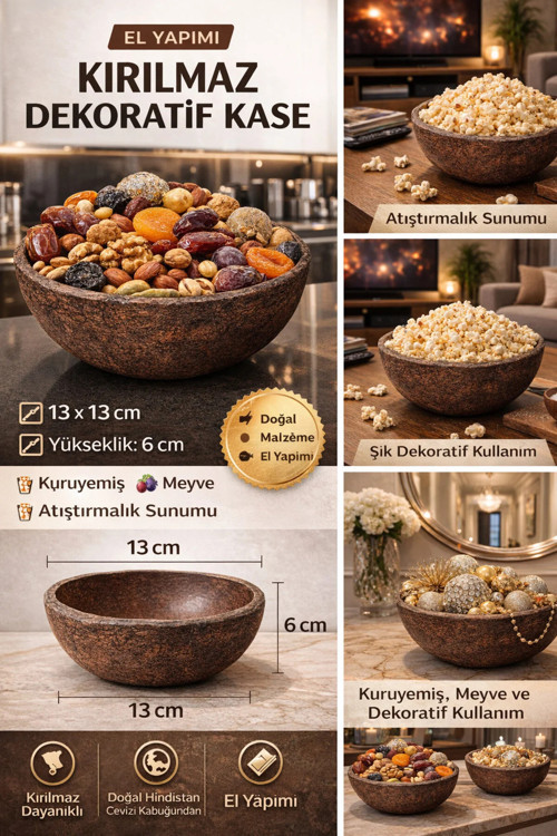 El Yapımı Kırılmaz Dekoratif Küçük Kase | Sunum ve Kuruyemiş Kasesi 13 cm