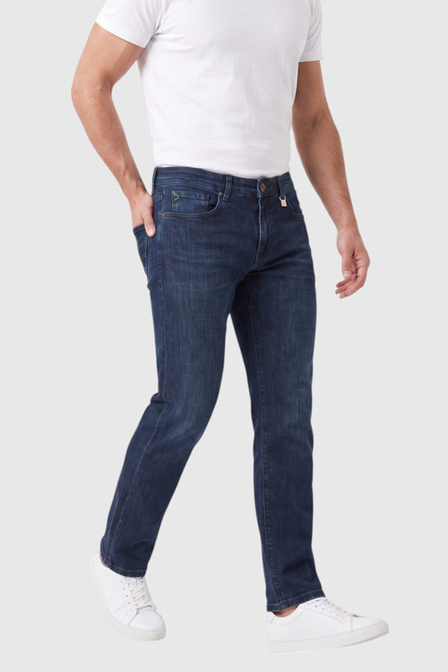 Erkek Regular Fit Standart Kesim Likralı Taşlanmış Koyu Lacivert Kot Pantolon – Esnek Pamuklu Jean 2600982