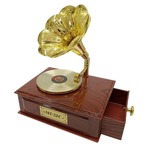 Dekoratif Gramofon Müzik Kutusu Çekmeceli Retro 12x9cm