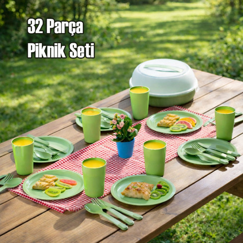 32 Parça 6 Kişilik Taşınabilir Piknik Seti - Saklama Kutulu Yeşil