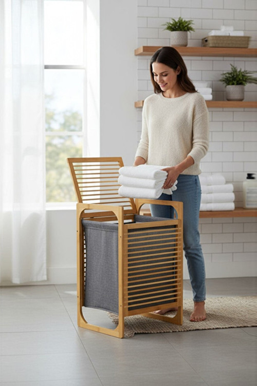 Pbt-350 Ahşap Bambu Kirli Sepeti Çok Amaçlı Banyo Düzenleyici Kirli Çamaşır Sepeti Organizeri