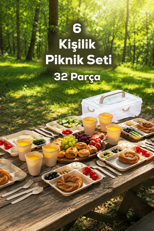 AC-101 32 Parça 6 Kişilik Pratik Taşınabilir Piknik Seti - Saklama Kutulu Piknik Sepeti Krem