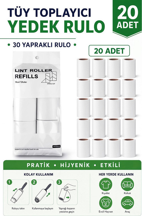 3108 Kedi Köpek Tüy Toplayıcı 20 Adet Yedek Rulo 600 Yaprak
