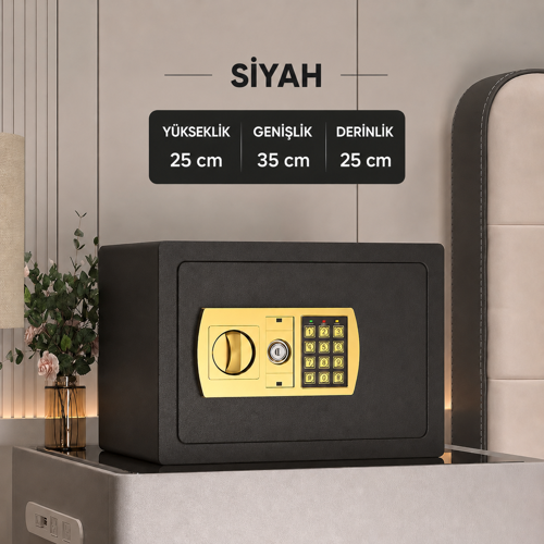 25’lik Elektronik Şifreli ve Anahtarlı Çelik Para Kasası – Dijital Panelli, 35 × 25 × 25 cm
