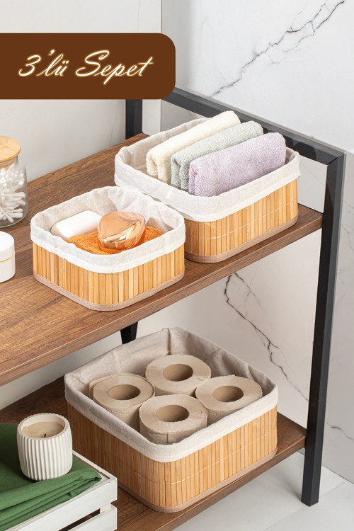 2083 Kare 3lü Pinterest Sepet Bambu Sepet seti Dekoratif Banyo Mutfak Düzenleyici Organizeri