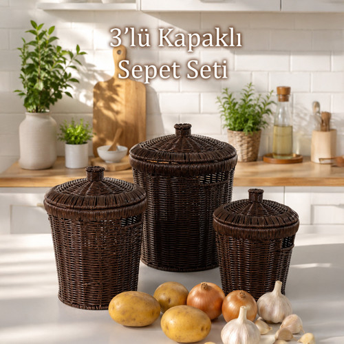 Pbt-439-1 3lü Hasır Sepet Kapaklı Bambu Sepet seti Dekoratif Banyo Mutfak Düzenleyici Organizeri