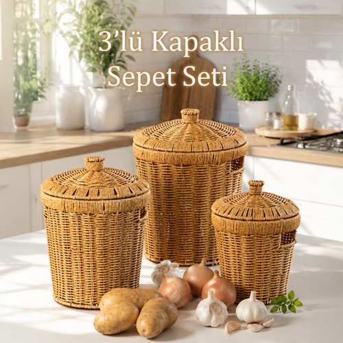 Pbt-439 3l ü Hasır Sepet Kapaklı Bambu Sepet Seti Dekoratif Banyo Mutfak Düzenleyici Organizeri