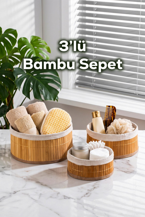 Pbt-598 3lü Hasır Sepet Kapaklı Yuvarlak Bambu Sepet seti Dekoratif Banyo Mutfak Düzenleyici Organizeri