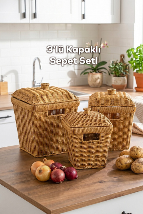 Pbt-919 3lü Hasır Sepet Kapaklı Bambu Sepet seti Dekoratif Banyo Mutfak Düzenleyici Patates Soğan Sepeti Organizeri