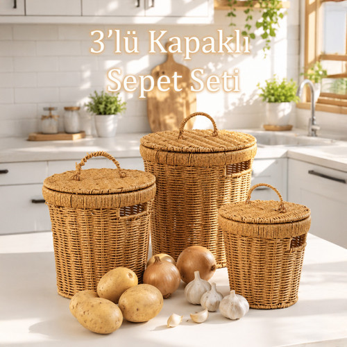 Pbt-920 3 lü Hasır Sepet Kapaklı Bambu Sepet Seti Dekoratif Banyo Mutfak Düzenleyici Organizeri