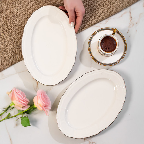 4449 Porselen Platin Fileli Kayık Tabak Seti - Oval Kahvaltılık Sunumluk Seti 25cm