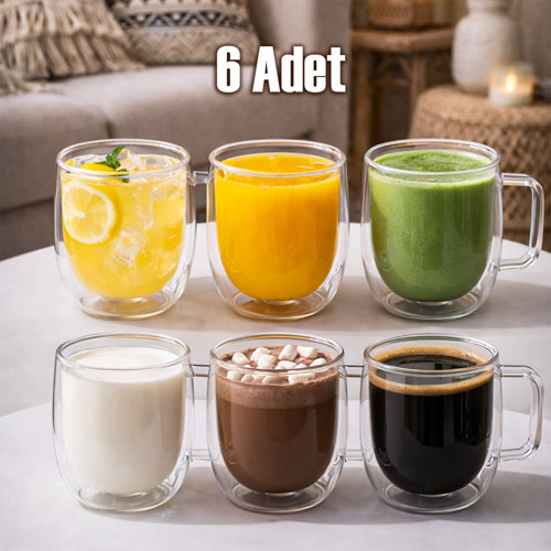 Pbt-323 Çift Cidarlı 6lı Cam Kupa Çay Kahve Kupası Isı Yalıtımlı Cam Bardak Seti 250 ml