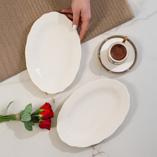 4461 Gonca Porselen Kayık Tabak Seti - Oval Kahvaltılık Sunumluk Seti 25cm
