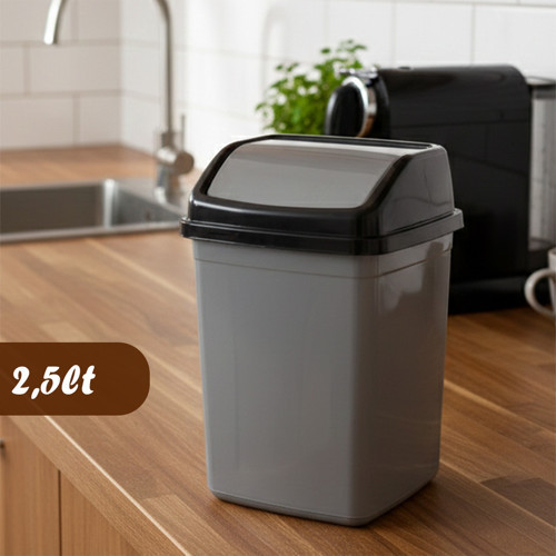 0102 Kapaklı Gri-Siyah Çöp Kutusu - Favori Banyo ve Mutfak Çöp Kovası 2,5lt