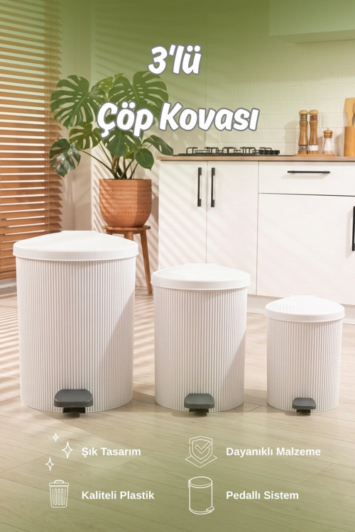 0709-1 Stil 3lü Yuvarlak Pedallı İçi Kovalı Çöp Kovası Seti - Banyo Mutfak Çöp Kovası Takımı Beyaz