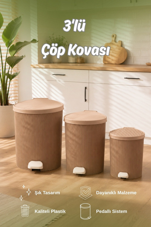 0709-2 Stil 3lü Yuvarlak Pedallı İçi Kovalı Çöp Kovası Seti - Banyo Mutfak Çöp Kovası Takımı Mokka