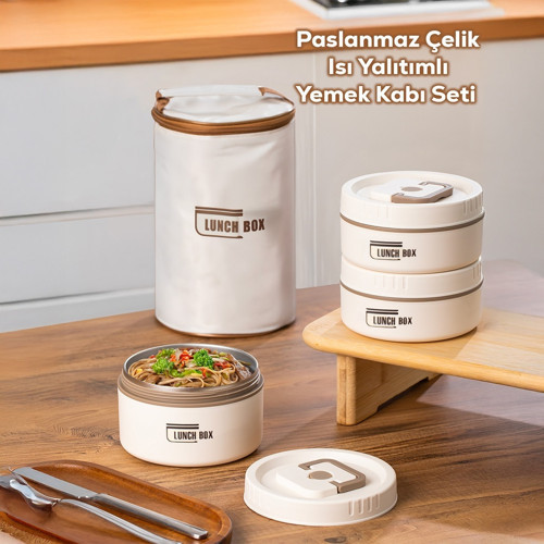 3112 Isı Yalıtımlı Çanta 3 Parça Vakumlu Yemek Termosu Beslenme Kutusu Lunch Box Sefer Tası