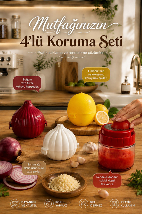 4471 4'lü Mutfak Düzenleyici Seti – Soğan, Sarımsak, Limon Saklama Kabı ve 300 ml Hazneli Rende