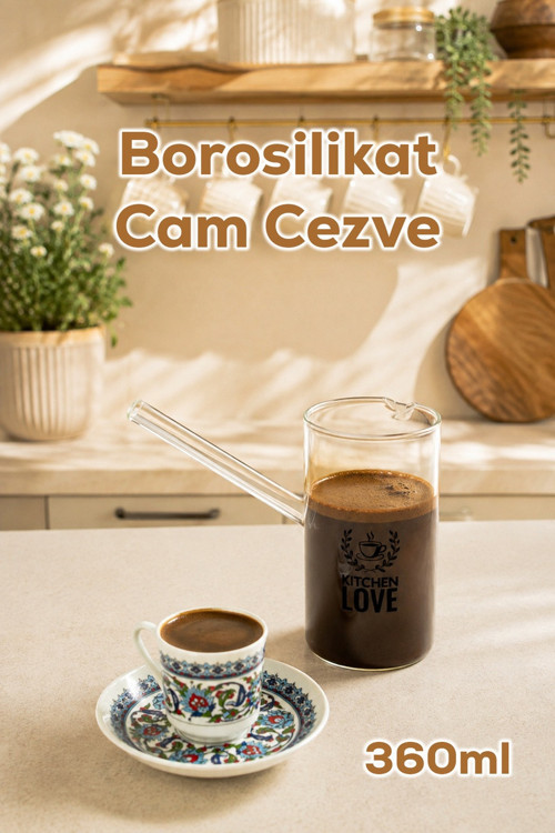 180402-002 Desenli Borosilikat Cam Cezve 360 ml - Isıya Dayanıklı Şeffaf Türk Kahvesi Cezvesi
