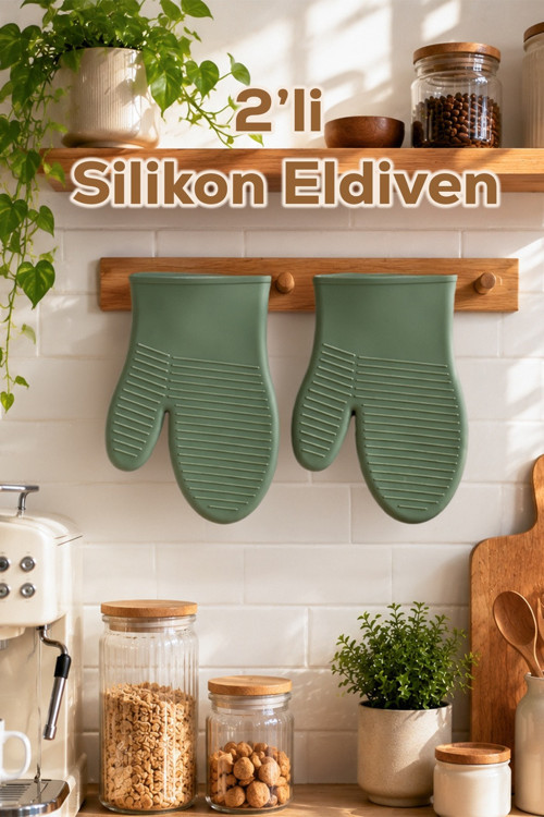 33003 Silikon 2li Fırın Eldiveni Seti Isı Yalıtımlı Mikrodalga Fırın Tencere Tepsi Tutacağı Takımı Yeşil