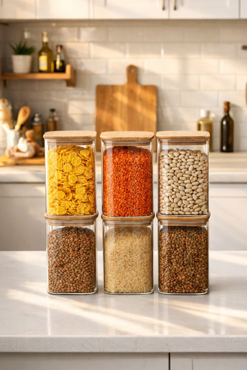 6-3 Bambu Vakumlu Kapaklı Kare Borsilikat Cam 6lı Kavanoz Seti Saklama Kabı 1250ml 9,5x15cm