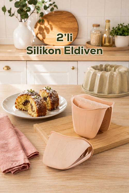 33006-1 Silikon 2li Fırın Eldiveni Isı Yalıtımlı Mikrodalga Fırın Tencere Tepsi Tutacağı Krem